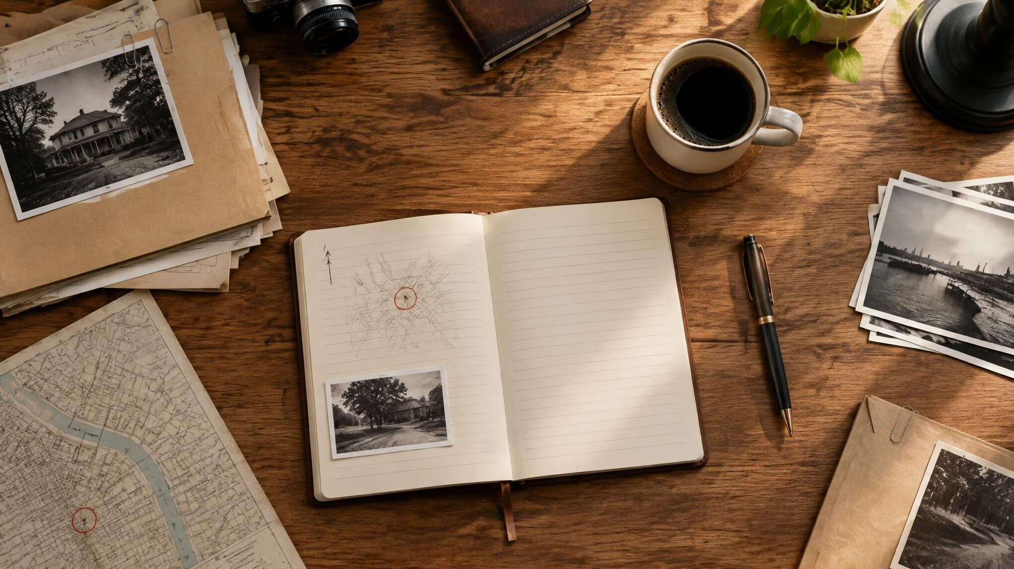 Desk with notebook, papers and coffee seen from above