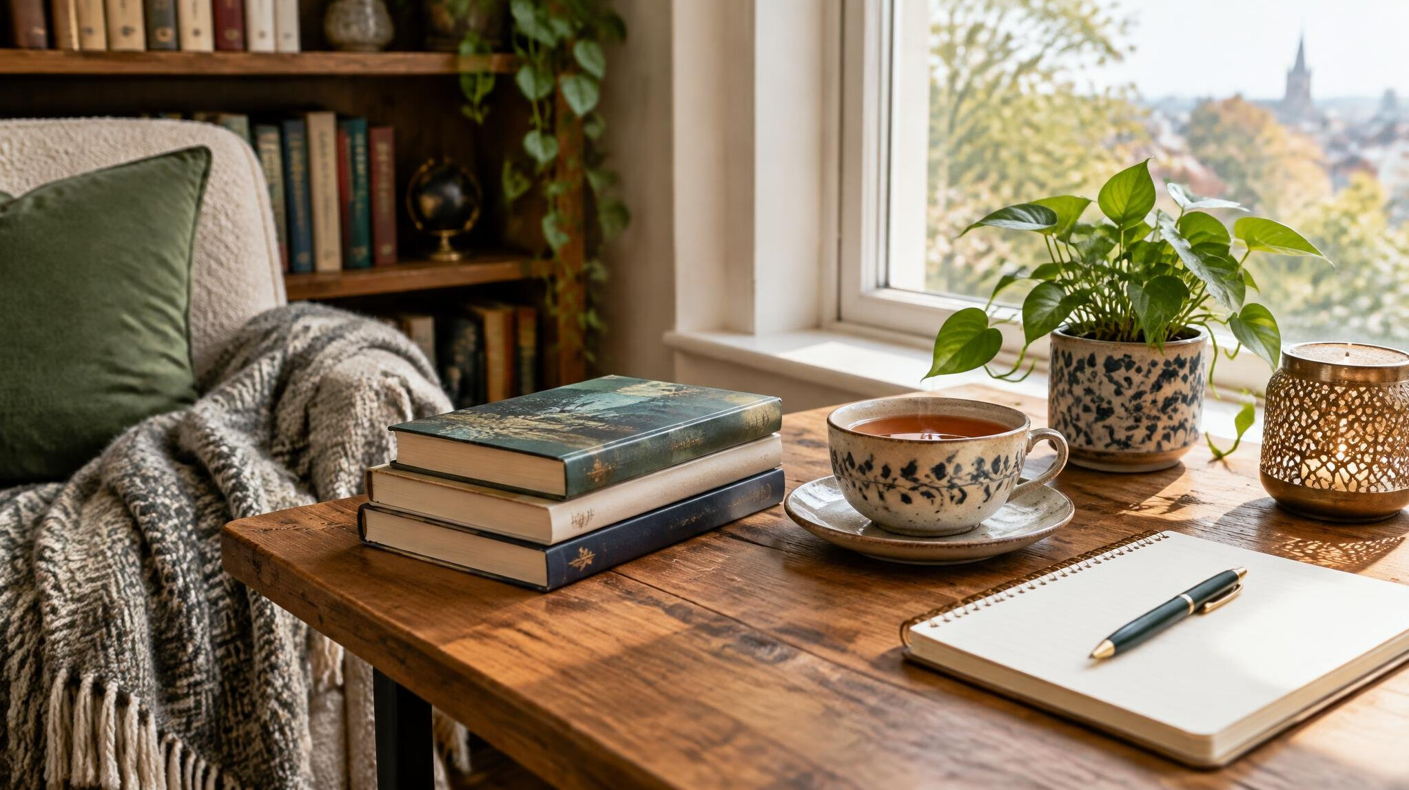 Books and a cup on a table