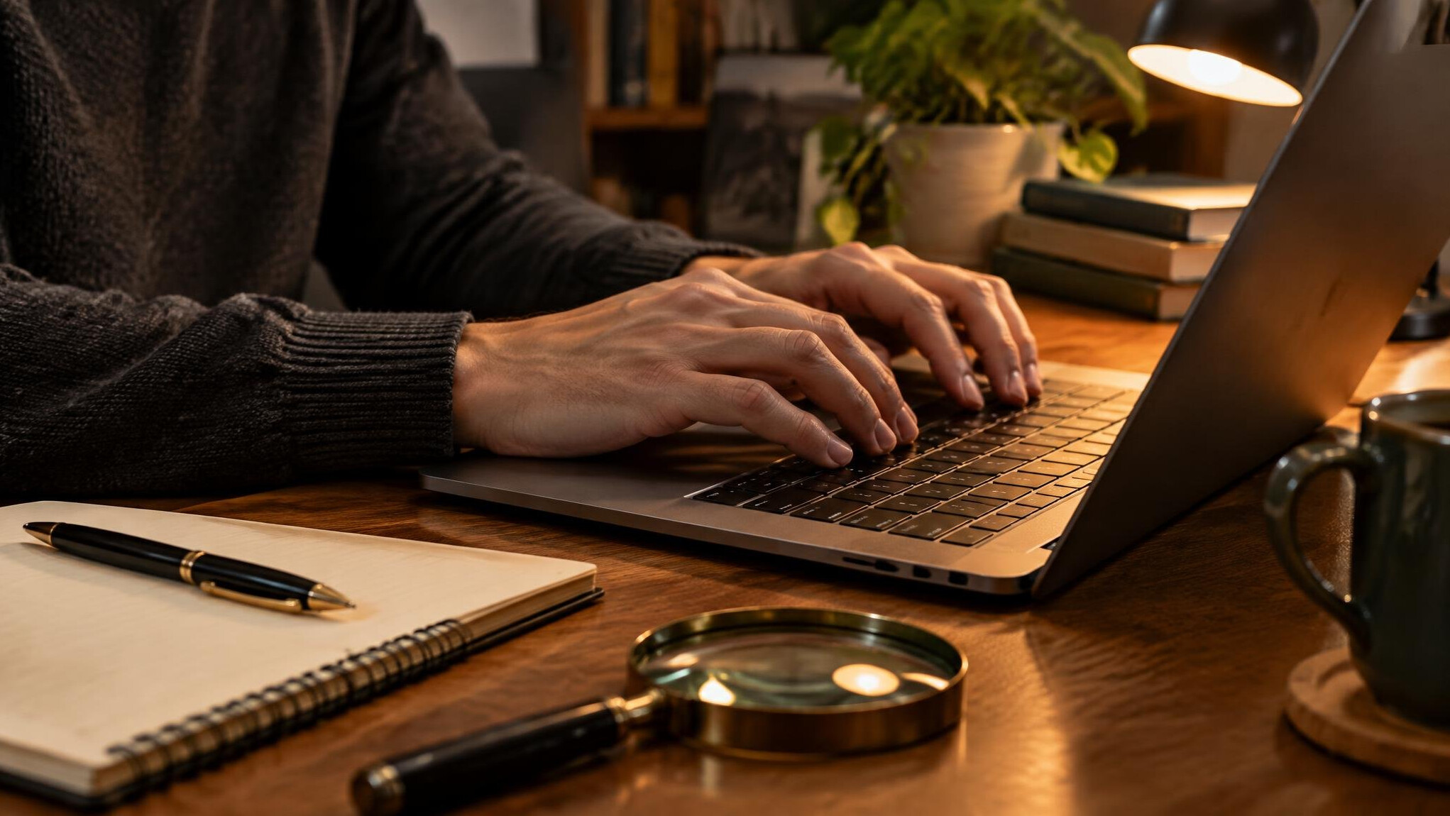 Hands typing on a laptop with a notebook on the desk
