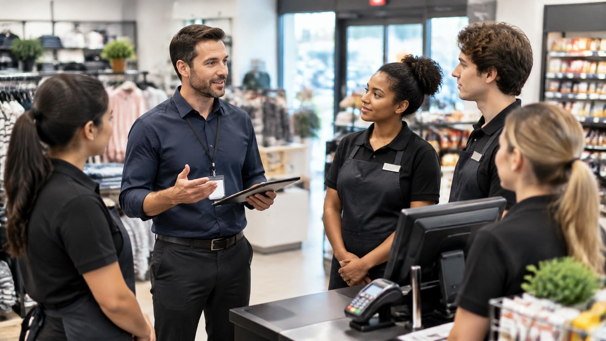 store manager meeting staff