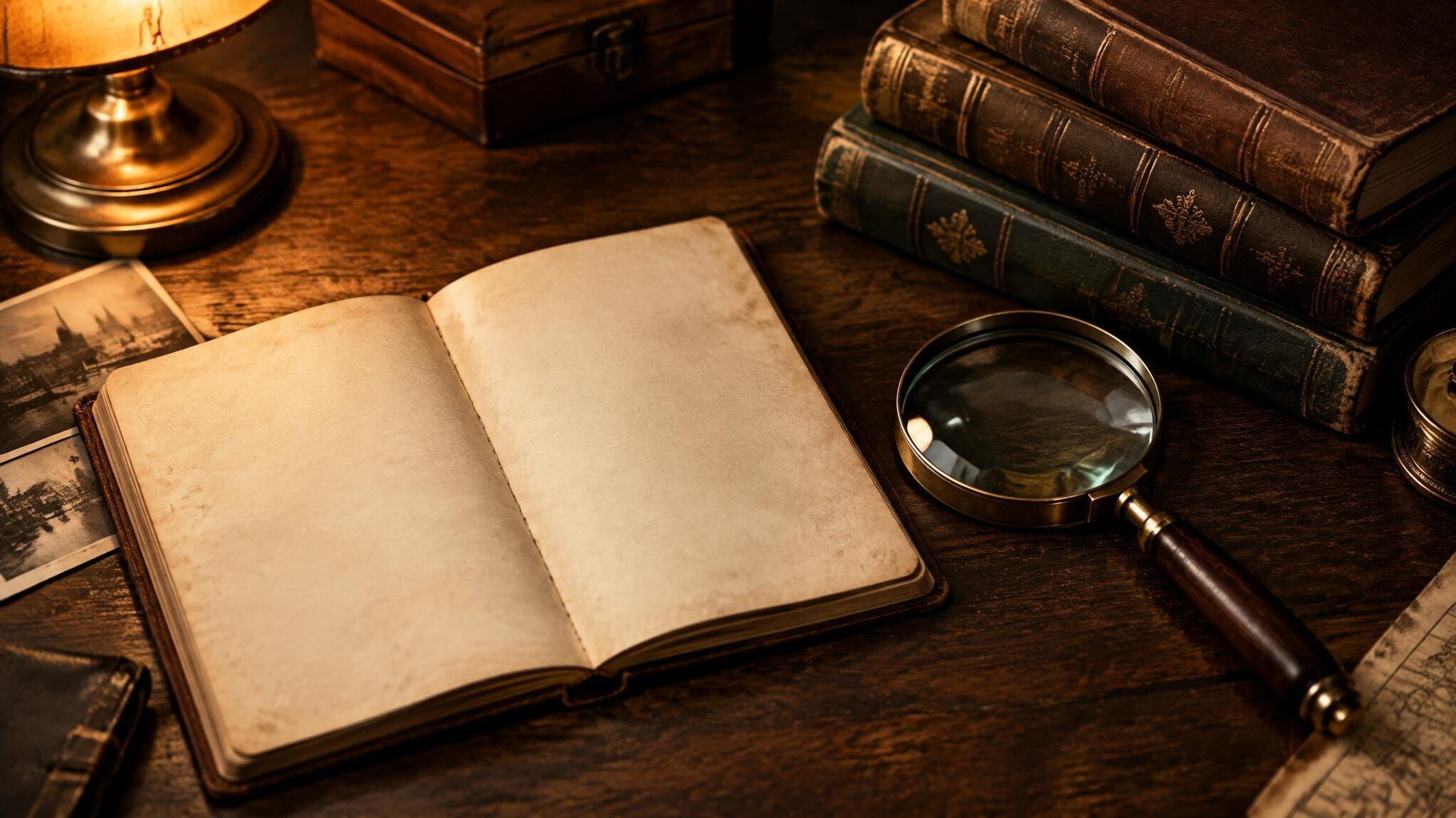Open book and notebook on a table