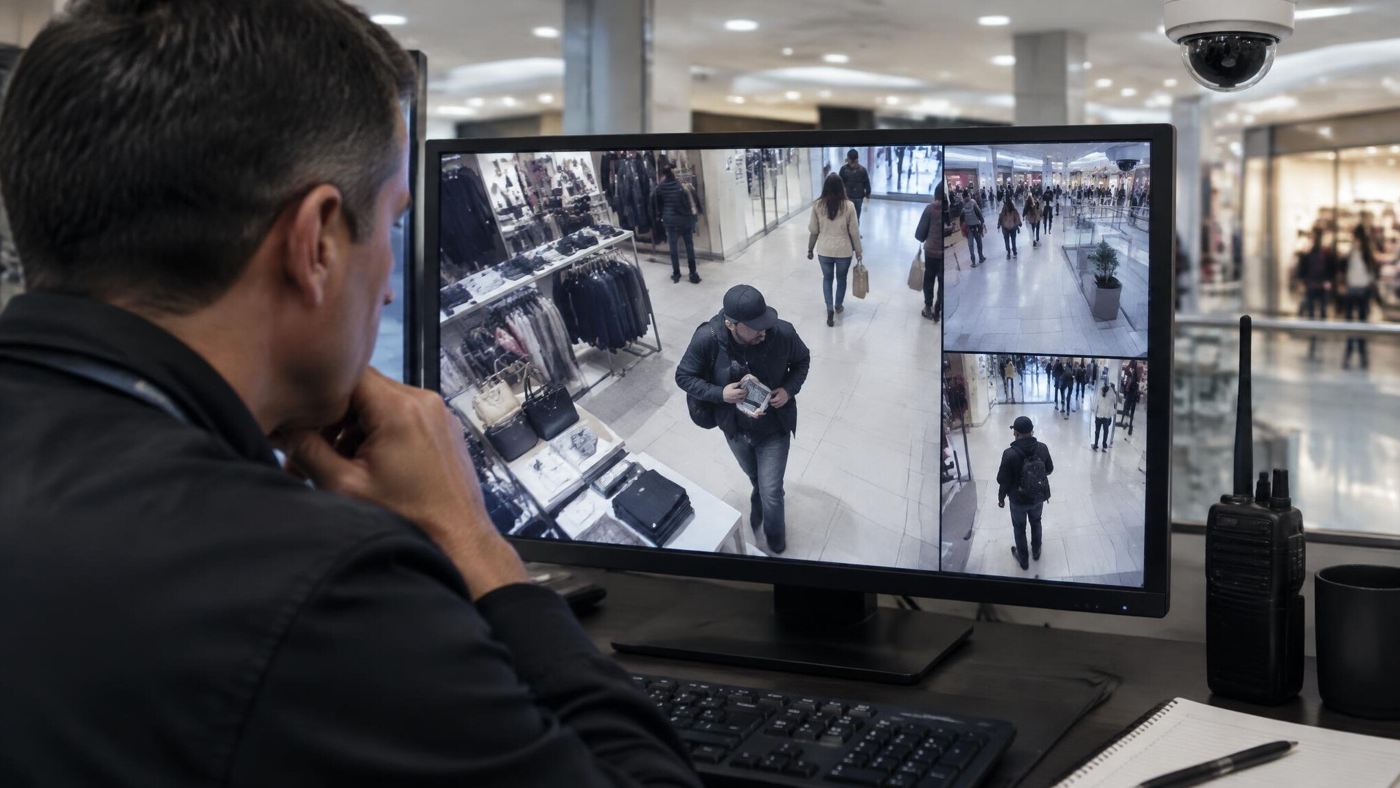 store detective watching security footage