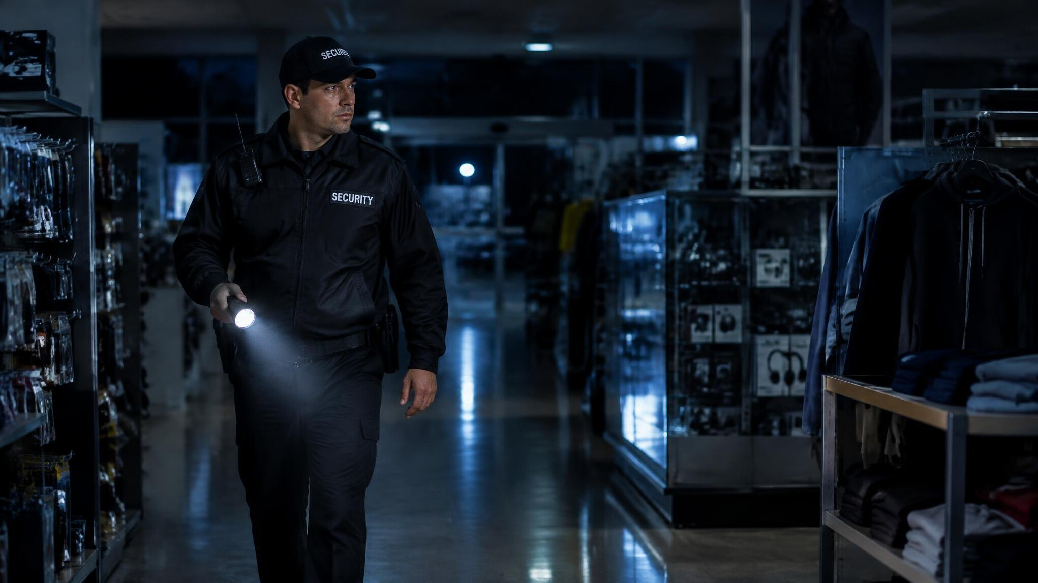 night security guard patrolling store